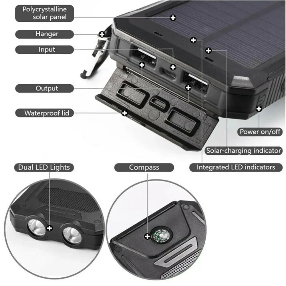 Power Up Anywhere: 20000mAh Waterproof Solar Power Bank with Dual USB Ports and LED Flashlight
