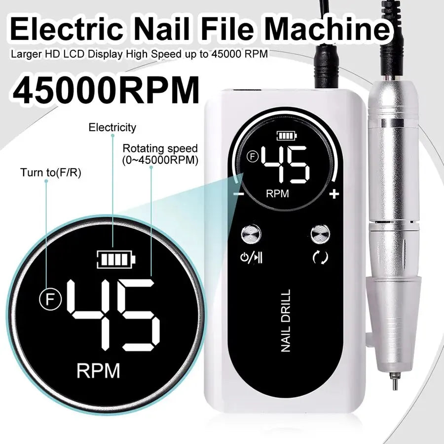 Elevate Your Nail Game with the Professional 45000RPM Electric Portable Nail Drill Machine - Rechargeable, Low Noise, and Perfect for Salon Quality Manicures!