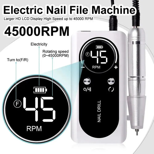 Elevate Your Nail Game with the Professional 45000RPM Electric Portable Nail Drill Machine - Rechargeable, Low Noise, and Perfect for Salon Quality Manicures!