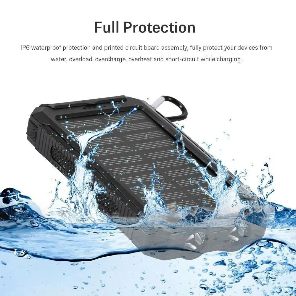 Power Up Anywhere: 20000mAh Waterproof Solar Power Bank with Dual USB Ports and LED Flashlight