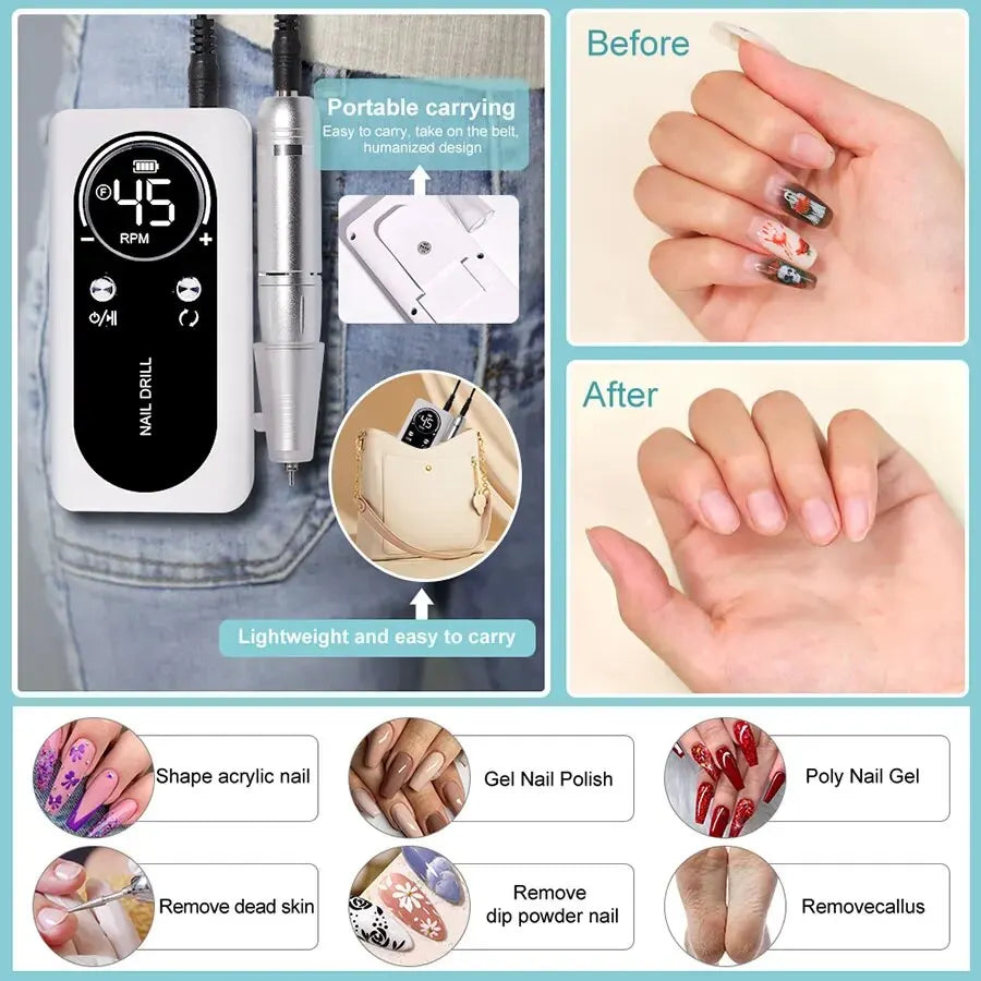 Elevate Your Nail Game with the Professional 45000RPM Electric Portable Nail Drill Machine - Rechargeable, Low Noise, and Perfect for Salon Quality Manicures!