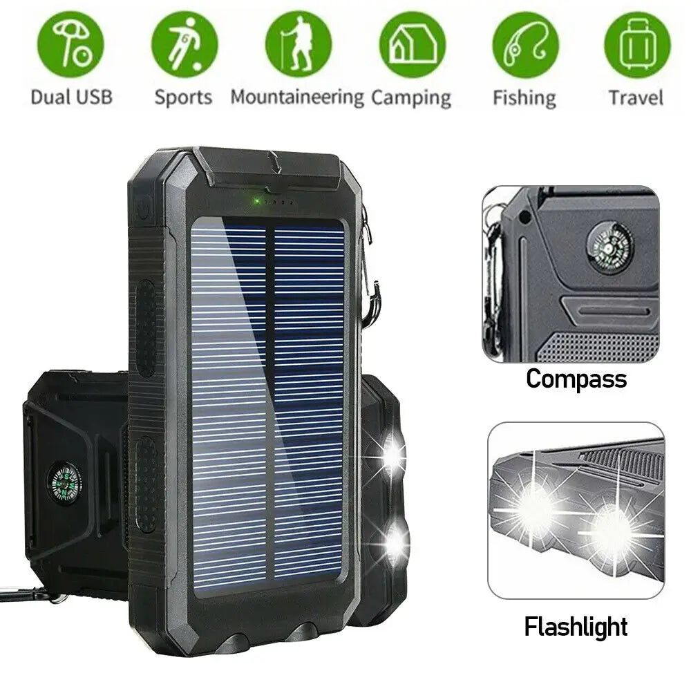 Power Up Anywhere: 20000mAh Waterproof Solar Power Bank with Dual USB Ports and LED Flashlight
