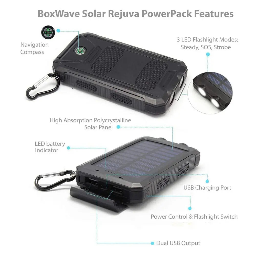 Power Up Anywhere: 20000mAh Waterproof Solar Power Bank with Dual USB Ports and LED Flashlight