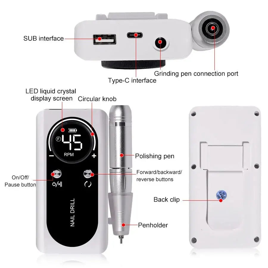 Elevate Your Nail Game with the Professional 45000RPM Electric Portable Nail Drill Machine - Rechargeable, Low Noise, and Perfect for Salon Quality Manicures!