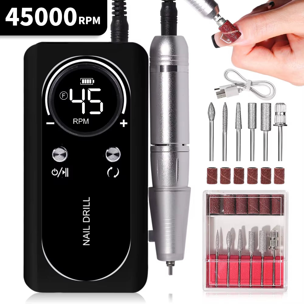 Elevate Your Nail Game with the Professional 45000RPM Electric Portable Nail Drill Machine - Rechargeable, Low Noise, and Perfect for Salon Quality Manicures!
