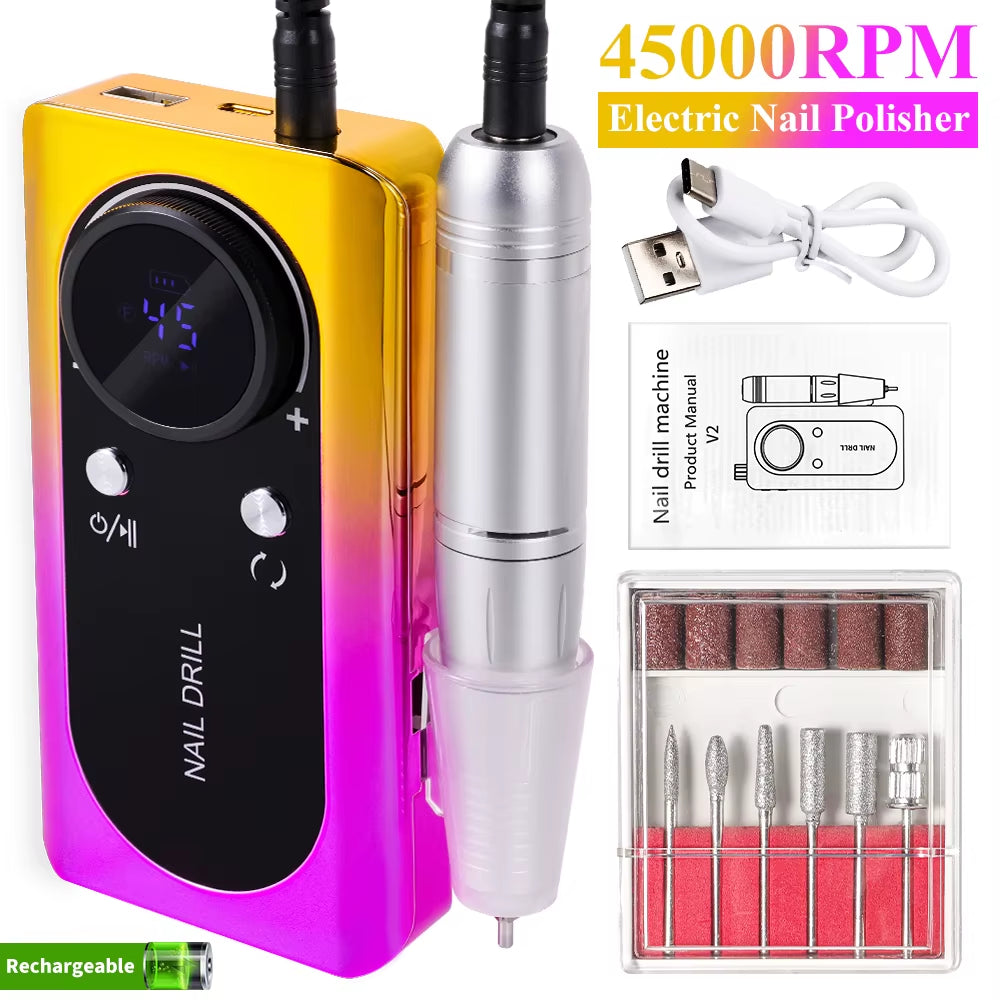 Elevate Your Nail Game with the Professional 45000RPM Electric Portable Nail Drill Machine - Rechargeable, Low Noise, and Perfect for Salon Quality Manicures!